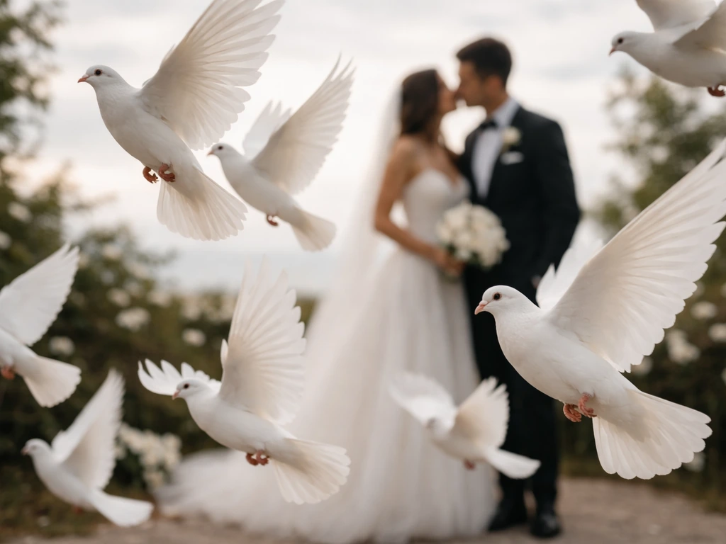 White doves released at a wedding, with soft background blur of the couple