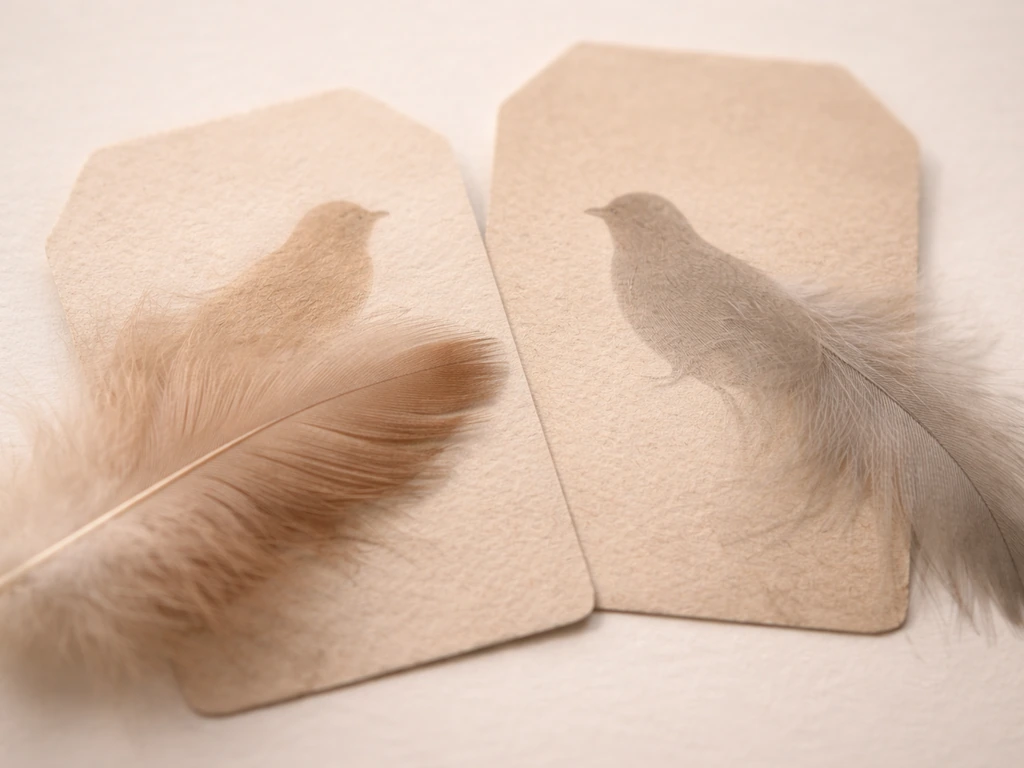 Realistic bird feathers blend into muted paper tag shapes, symbolizing slang borrowing from nature.