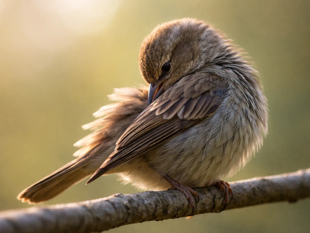 Close-up of a bird preening, bill working through soft feathers in calm natural light.