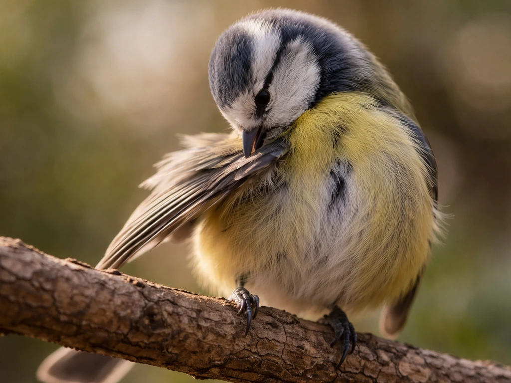 Close-up of a small bird using its beak to groom feathers on a natural branch