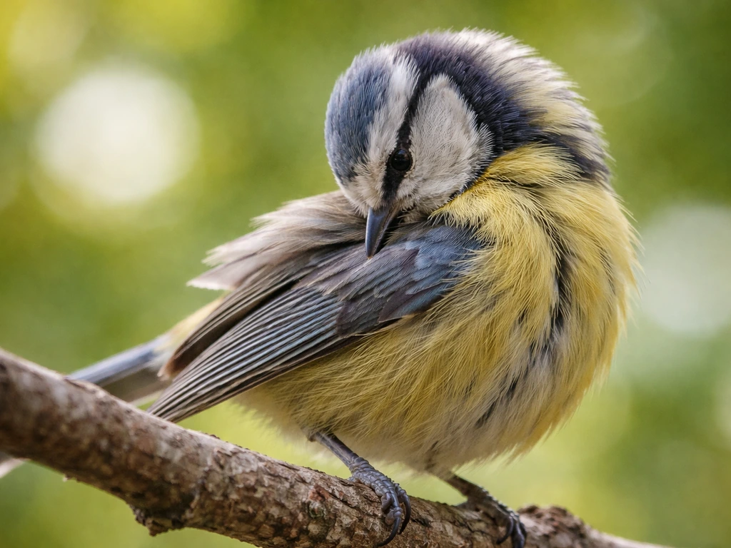 Close-up of a small bird preening on a branch, bill touching feathers with sharp grooming detail.