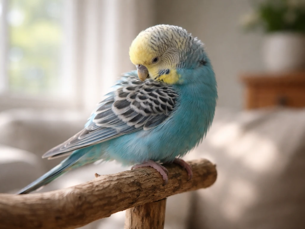 Calm pet bird preening its feathers on a wooden perch in a softly lit home.