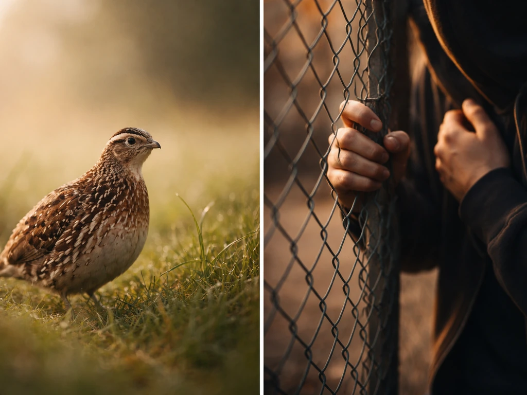 Warm split image: quail bird on the left and a shy, fearful posture symbolizing “to quail” on the right.