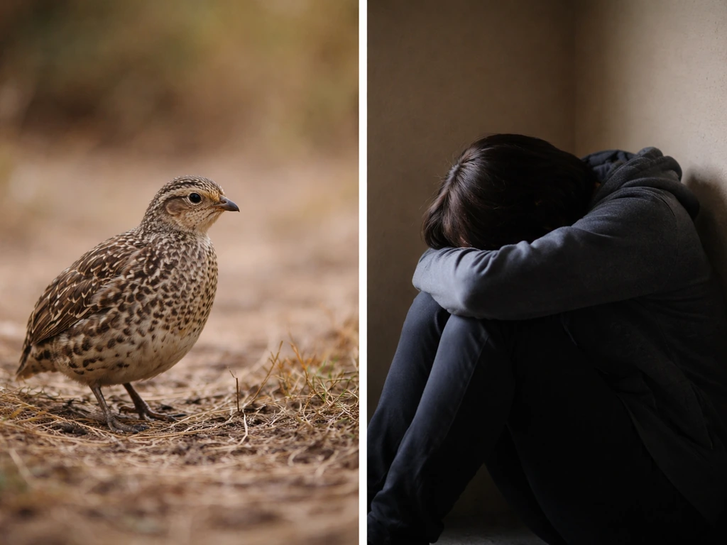 Split close-up: a small quail-like bird on dry ground and, beside it, a person cowering in shadow