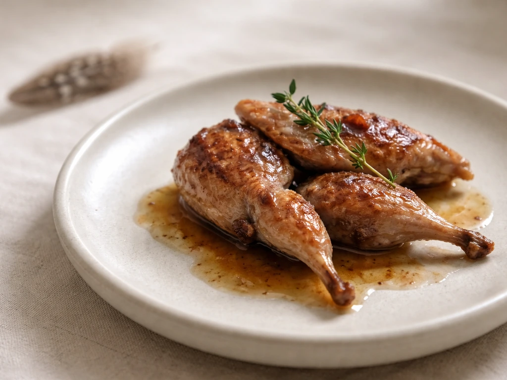 Close-up plated quail meat with a small stylized bird feather icon-like prop nearby, simple food scene