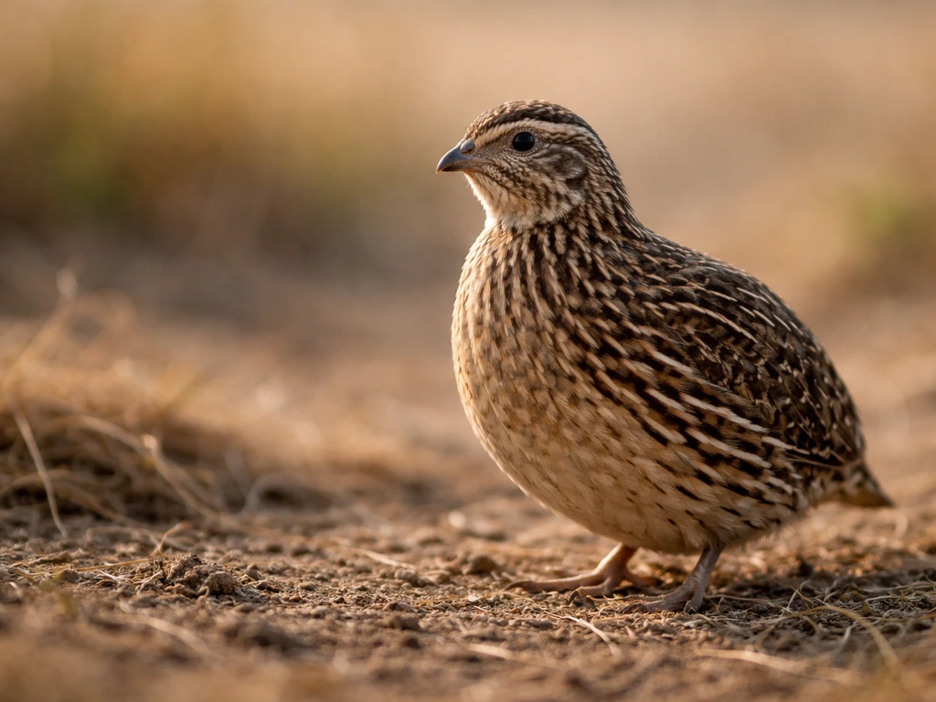 A small quail bird standing on dry grass in soft natural light