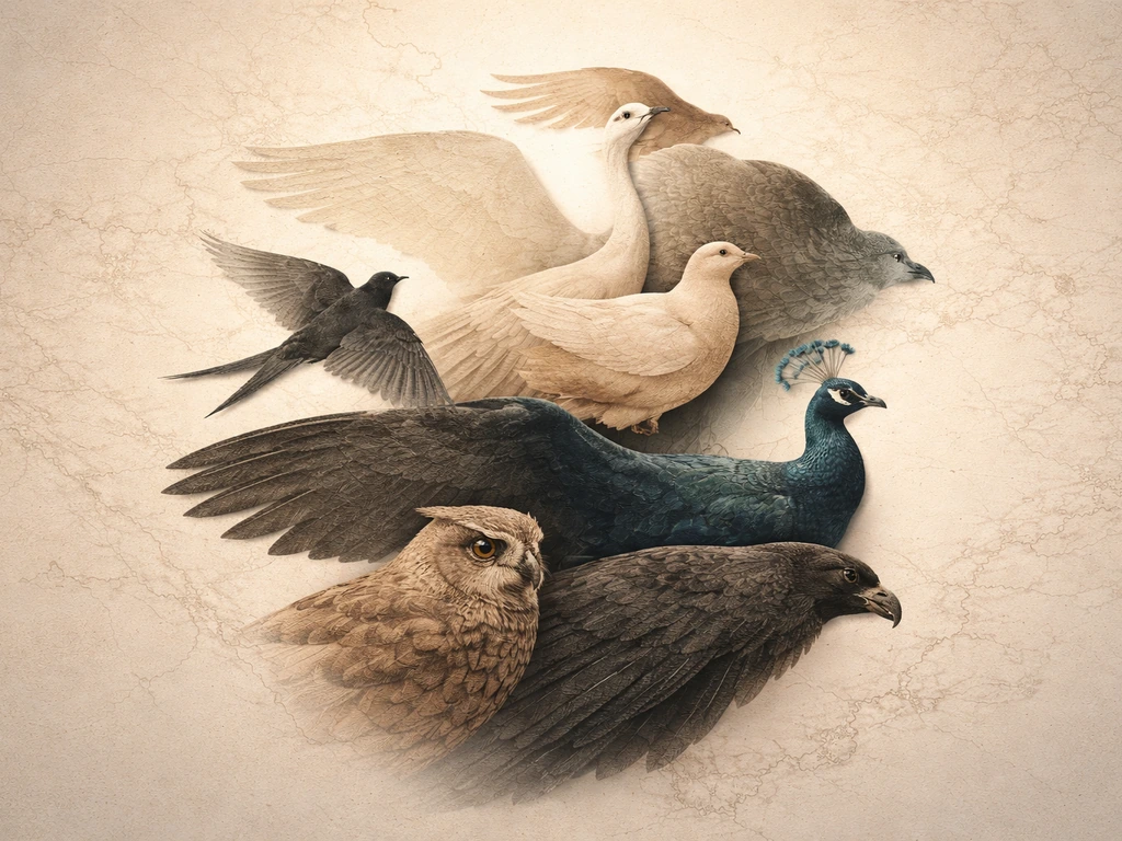 Layered silhouettes of crane, swallow, dove, peacock, eagle, and owl over a subtle map-like background.