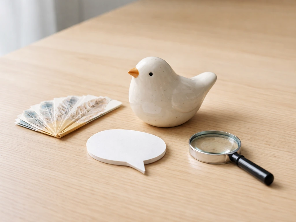 Minimal desk scene with a small bird figurine beside three distinct symbolic icons suggesting culture, slang, and search