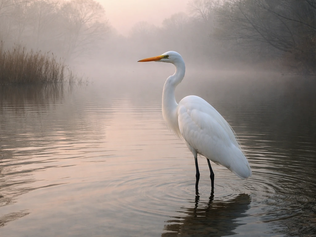 White crane standing in shallow wetland water at dawn with mist and reeds in the background.
