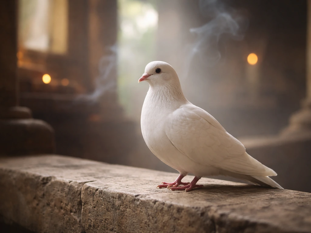 White dove perched near a softly lit temple incense burner, symbol of peace in calm natural light.