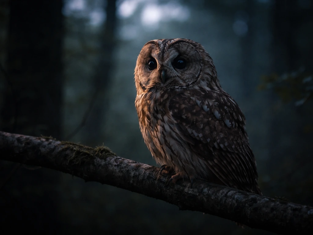 A tawny owl perched on a low branch at dusk, softly lit with misty forest bokeh in the background.