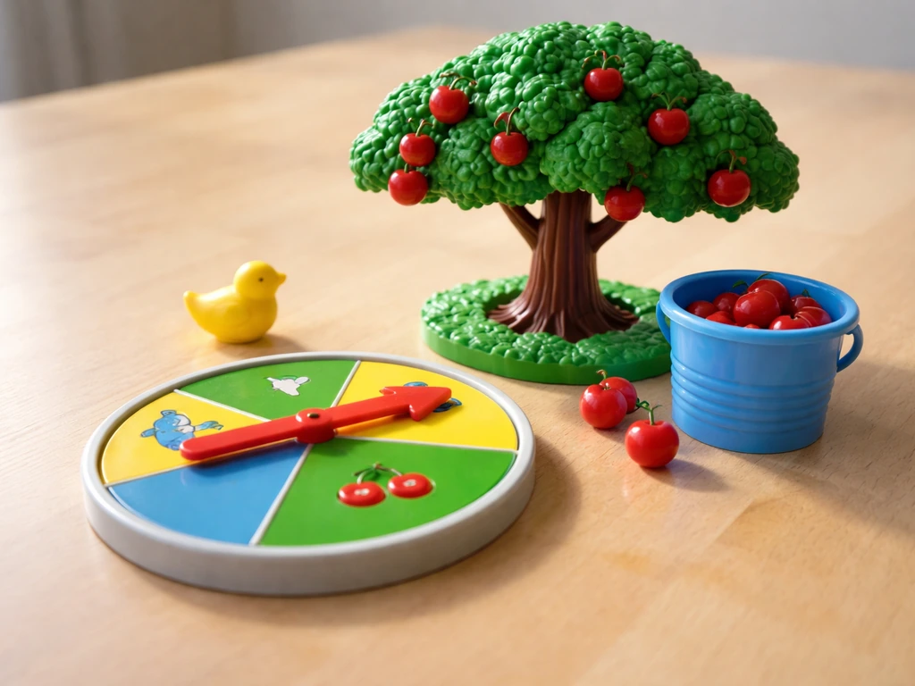 Close-up of a board-game spinner and cherry tree piece with a small bird-shaped risk card nearby.