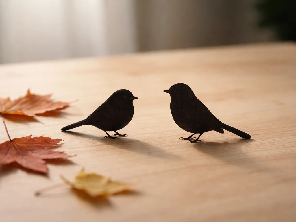 Two different bird silhouettes side-by-side on a wooden table with a few autumn leaves.