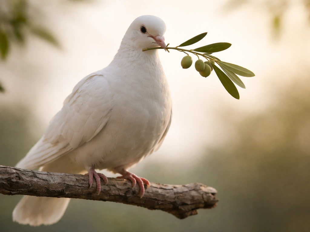 A realistic dove perched on a branch holding an olive branch, symbolizing peace in soft natural light.