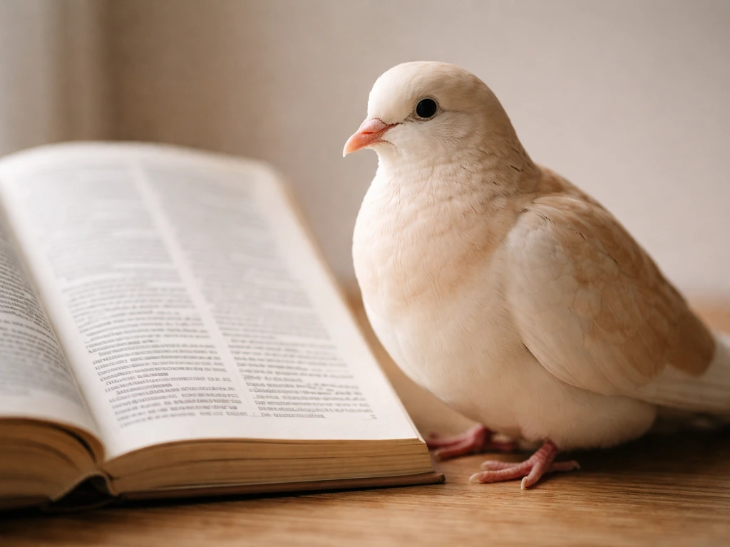 Close-up of a dove next to an open Spanish dictionary page, suggesting the meaning of “paloma”.