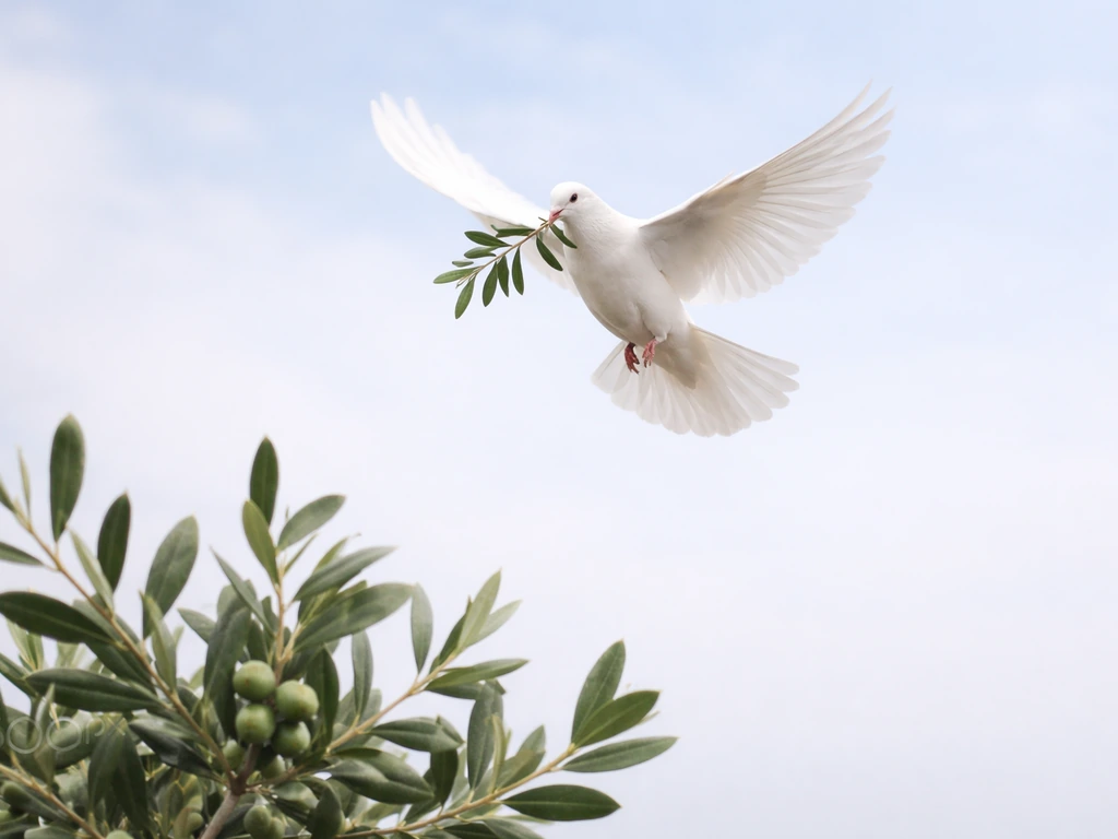 A white dove in flight hovering above an olive branch against a calm, pale blue sky