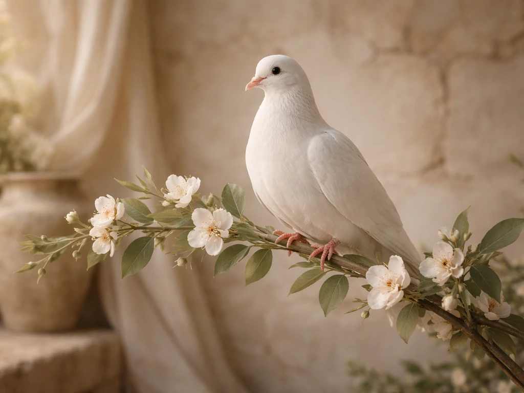 A white dove perched on a laurel branch with soft Mediterranean flowers in a warm vintage setting