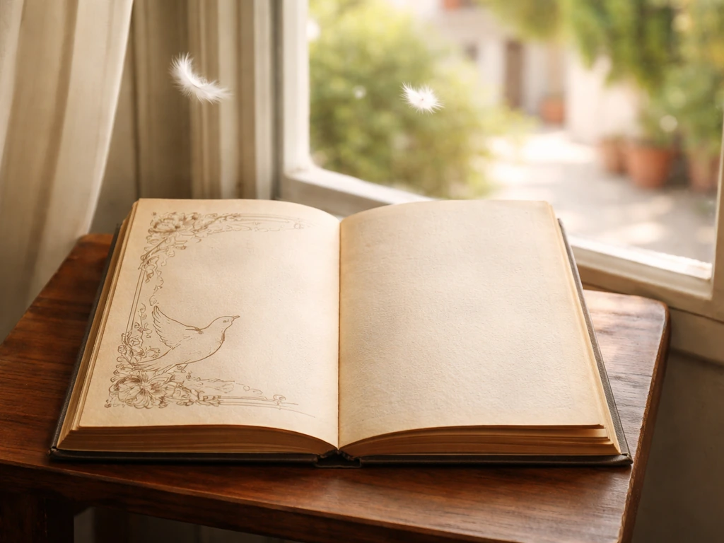 Open Spanish song/poetry book by a window with a small dove artwork and soft sunlight.