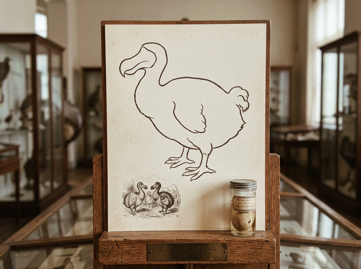 Dodo as an extinct, flightless bird shown in a simple natural history display