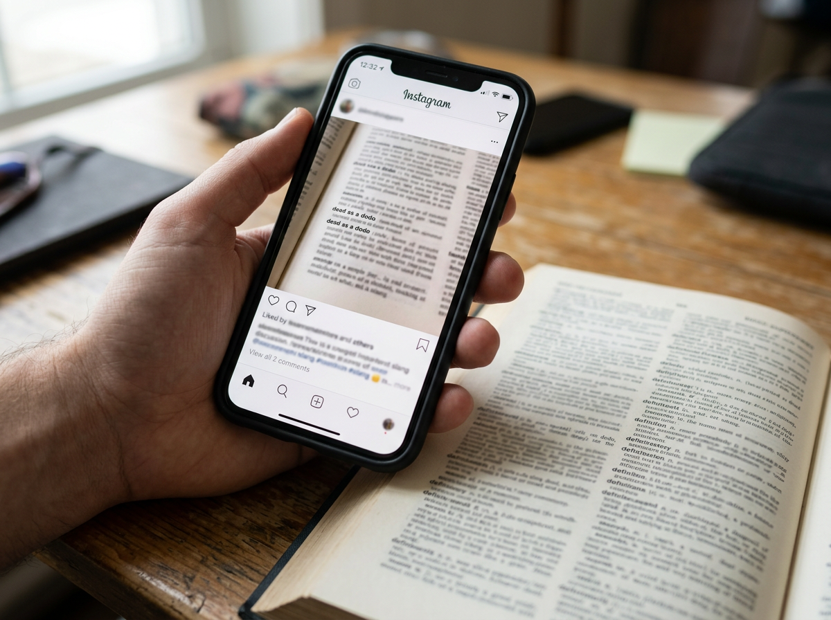 Phone and blurred reference materials suggesting modern idiom use of “dodo”