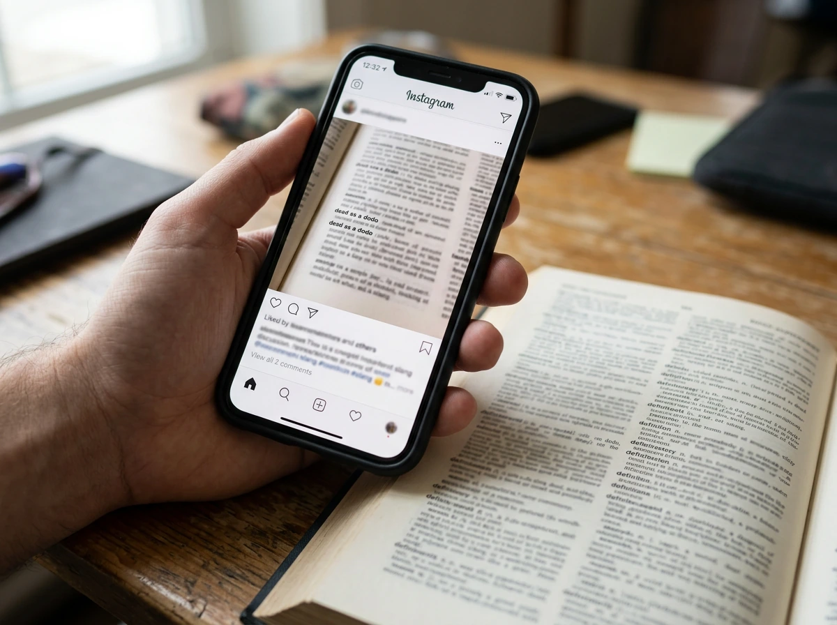 Phone and blurred reference materials suggesting modern idiom use of “dodo”