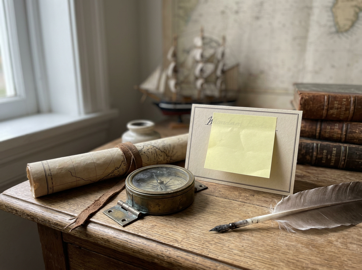 Portuguese-sailor era objects on a desk to evoke the name’s origin