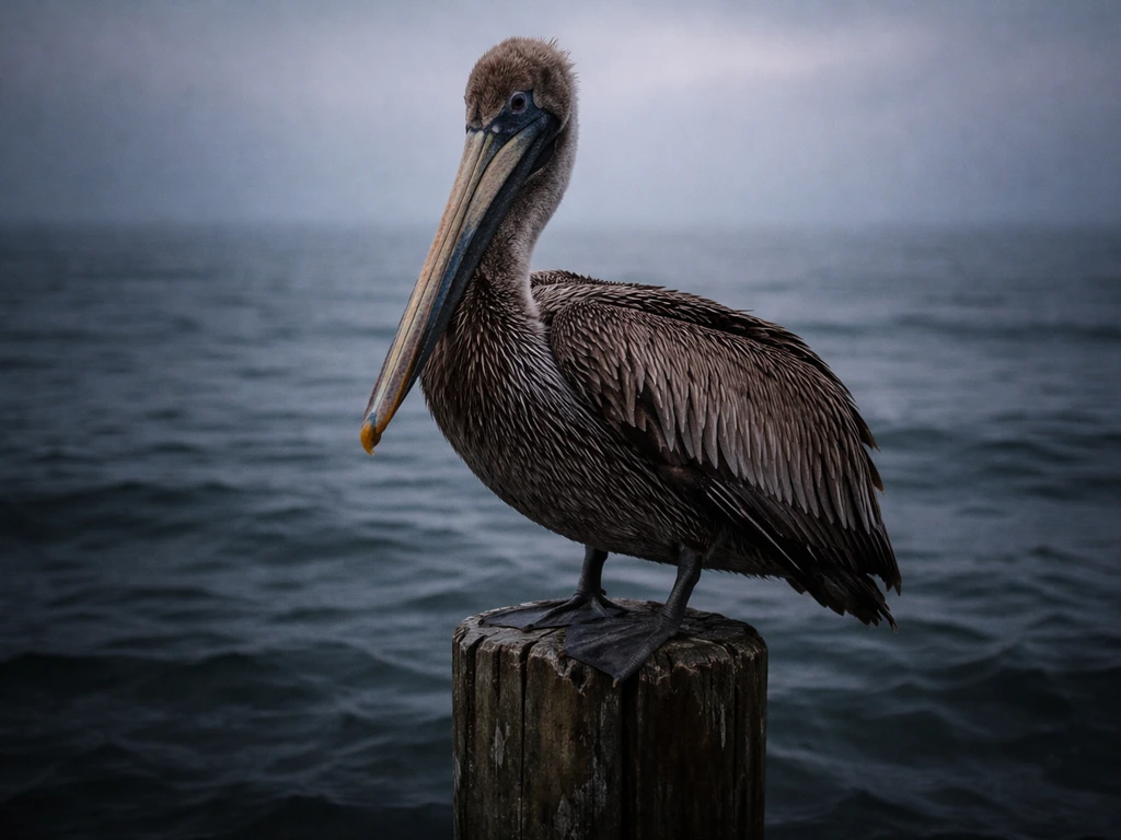 Dramatic pelican perched over dark water with sharp beak detail and textured feathers in moody light.