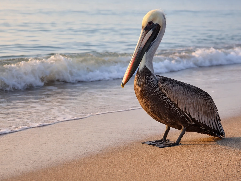 Brown pelican bill-forward by the shoreline, softly backlit water suggesting protection and sacrifice.