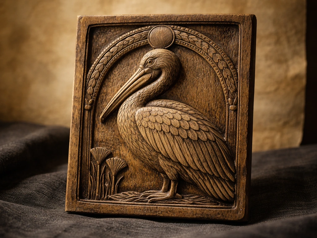 Ancient-style pelican motif on carved wood with subtle antique manuscript tones and soft shadows.