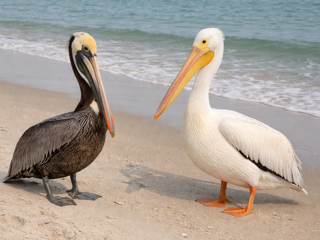 Side-by-side brown pelican and American white pelican standing on a coastal shore