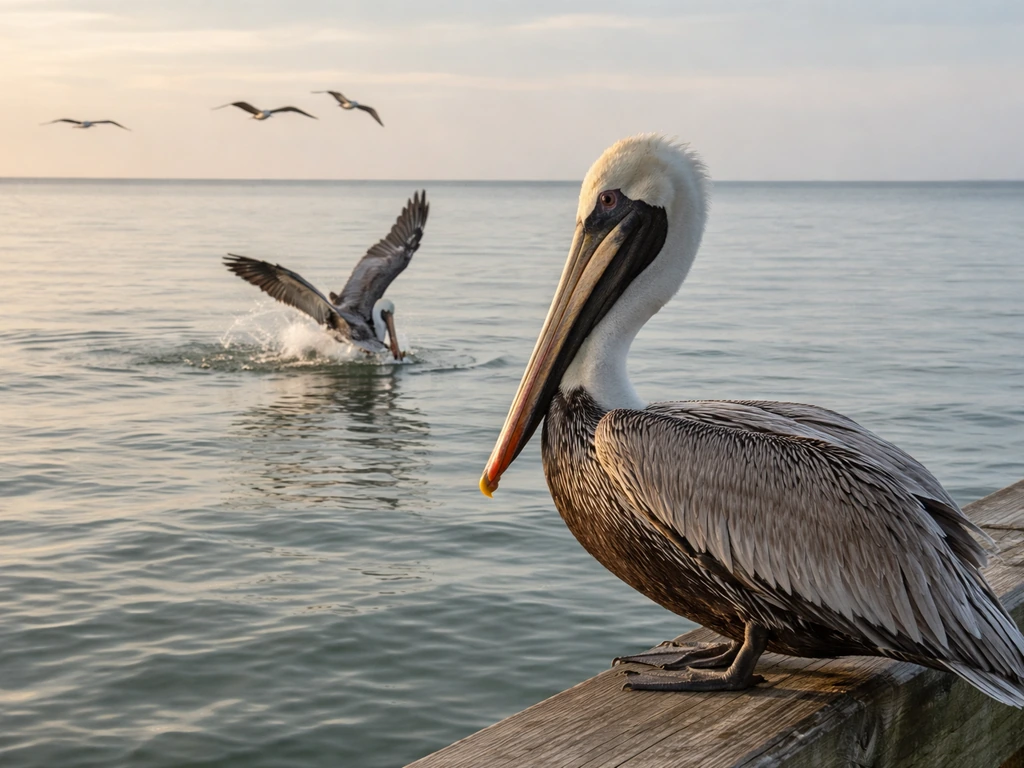 A pelican perched by calm water, with another pelican diving in the distance under soft morning light.