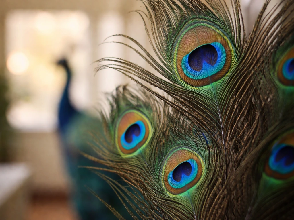 Iridescent peacock feathers with a soft, blurred background in a calm office setting.