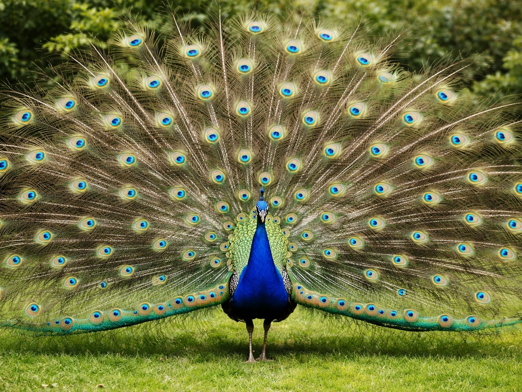 A vivid peacock with its tail fully fanned in a calm garden setting
