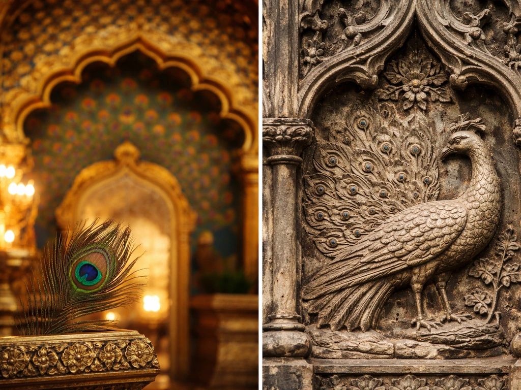 Side-by-side split image: peacock symbolism in South Asian temple decor and European religious artwork detail.