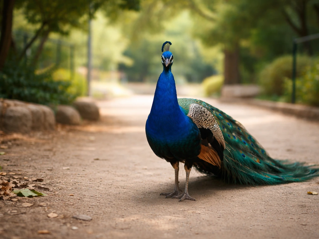 Vibrant peacock displaying feathers in a quiet garden/zoo enclosure with greenery in soft focus.
