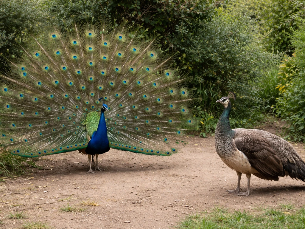 Male peacock with fanned iridescent tail beside a subdued peahen in a quiet garden.