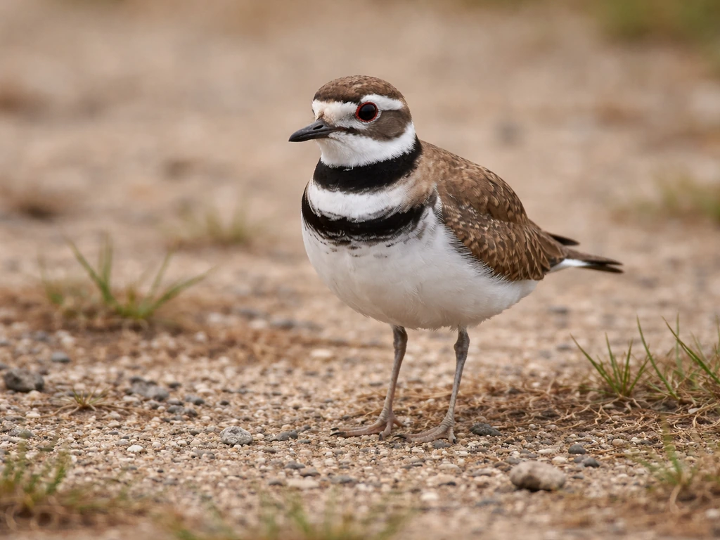 Killdeer bird perched on gravel and short grass, showing bold black breast bands.