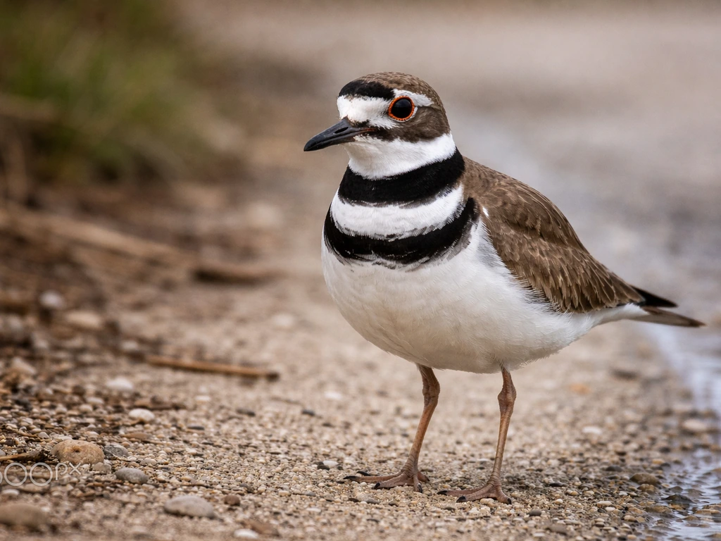 Close-up of a killdeer plover showing two bold black breast bands across a white chest.