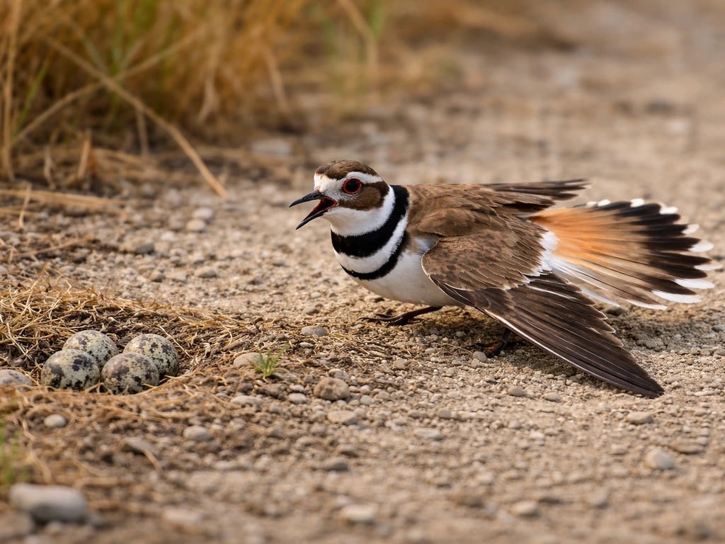 Adult killdeer on the ground with a lowered “injured” wing near camouflaged eggs in gravel and grass.