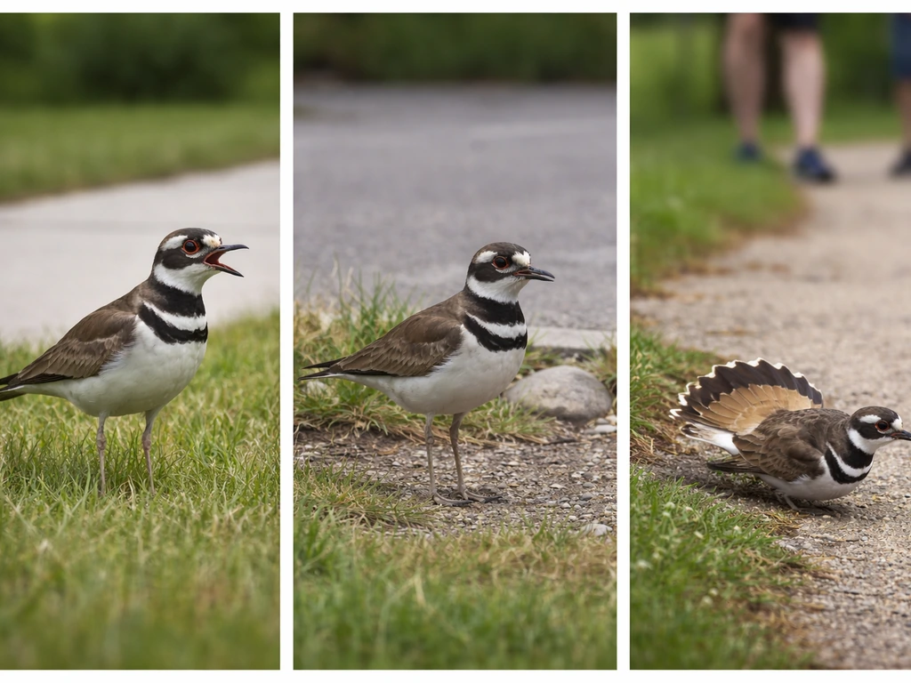 Three-photo collage of a killdeer in different settings: open grass, driveway/yard, and distraction near people.