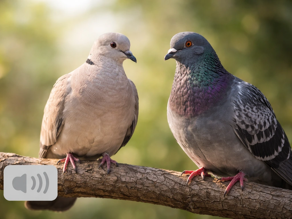 A dove and pigeon perched on a branch with a small non-text sound cue beside them in soft light.