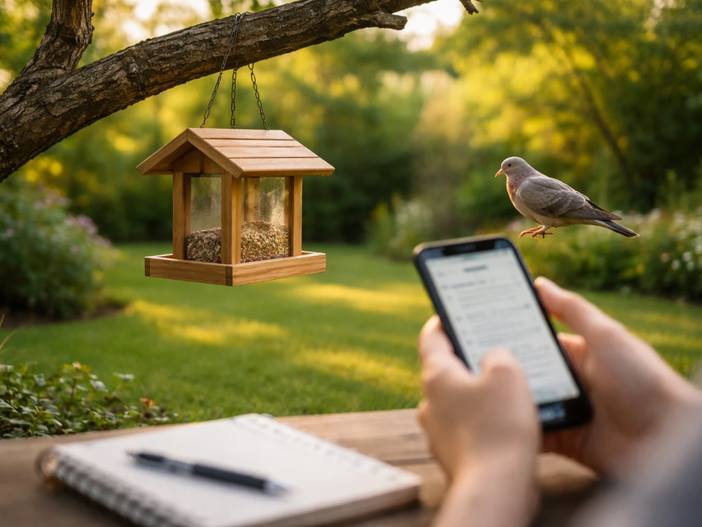 Person in a backyard by a bird feeder, jotting down notes on a phone about a nearby bird