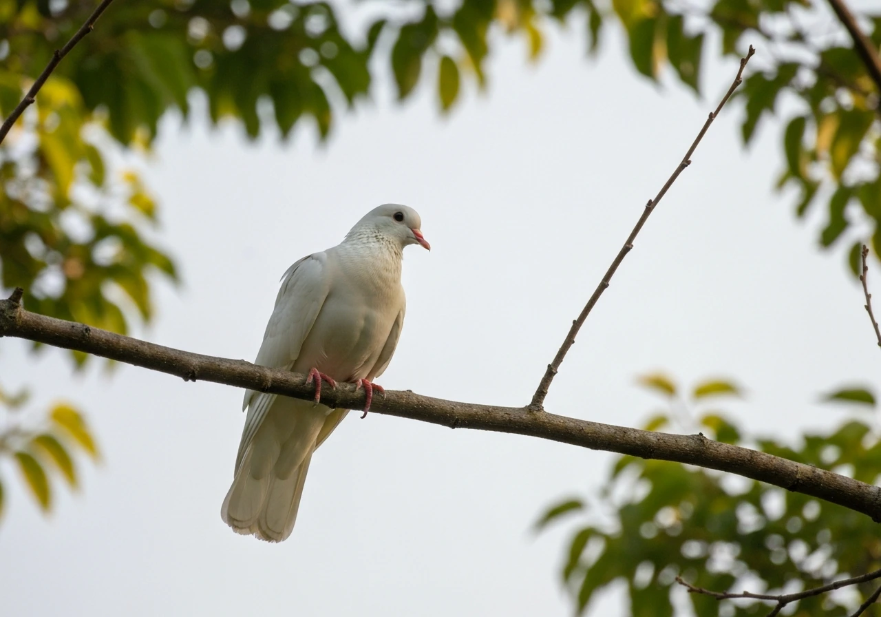 A white dove perched calmly on a branch in soft, peaceful light