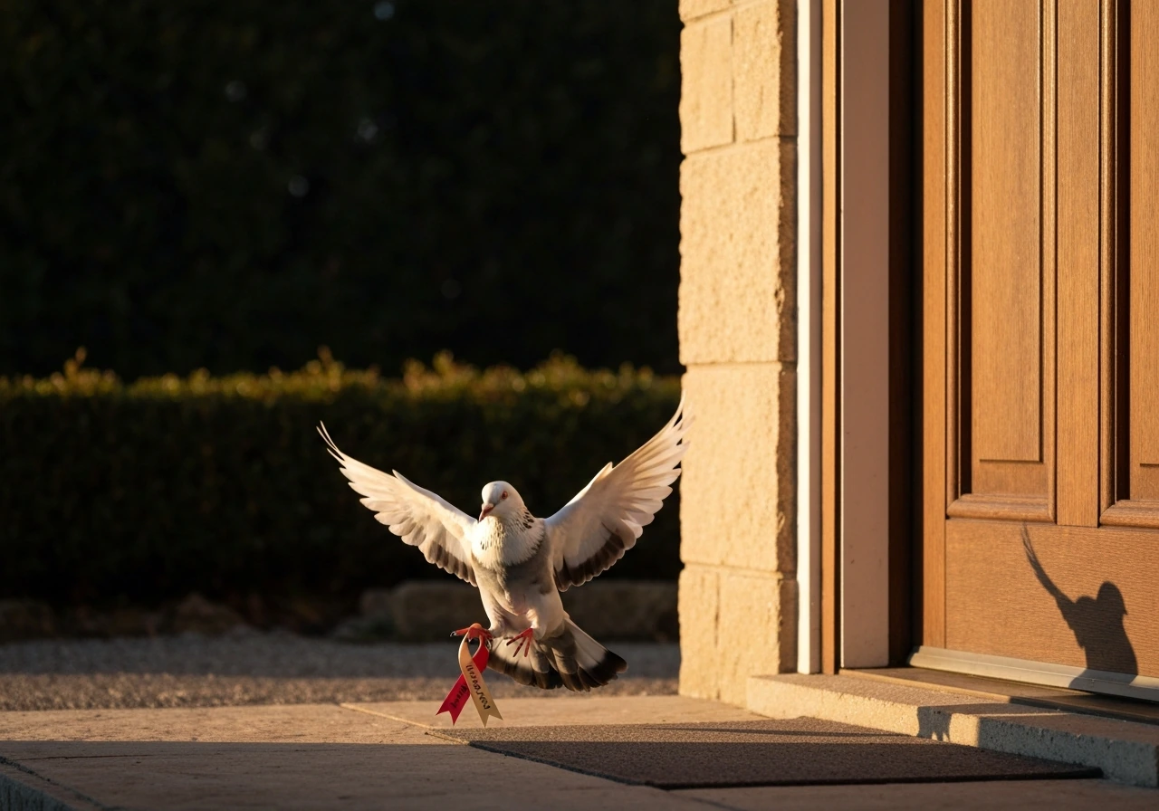 A homing pigeon with a small message ribbon at a doorway entrance at golden hour