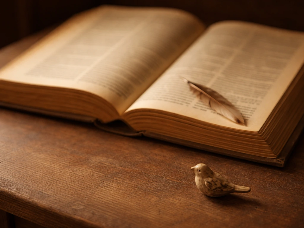 Open vintage dictionary on a desk with a small bird figurine and a quill pen, sepia-lit and minimal.