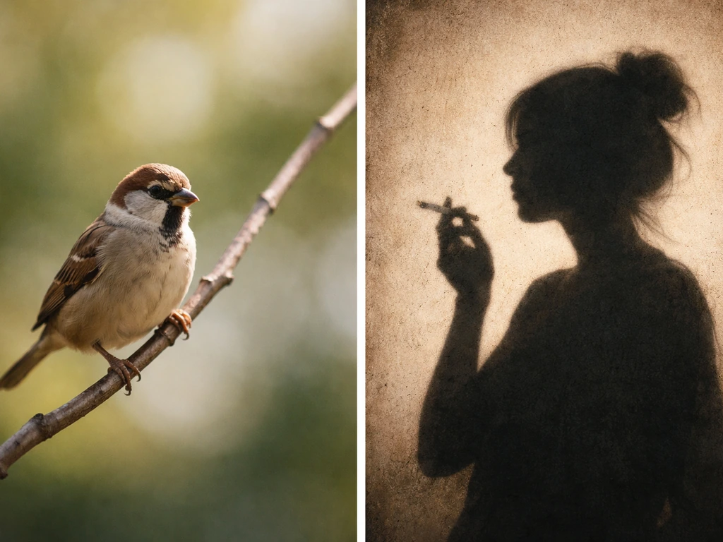 Split image showing a small literal bird beside a vague silhouette indicating slang meaning, not a person