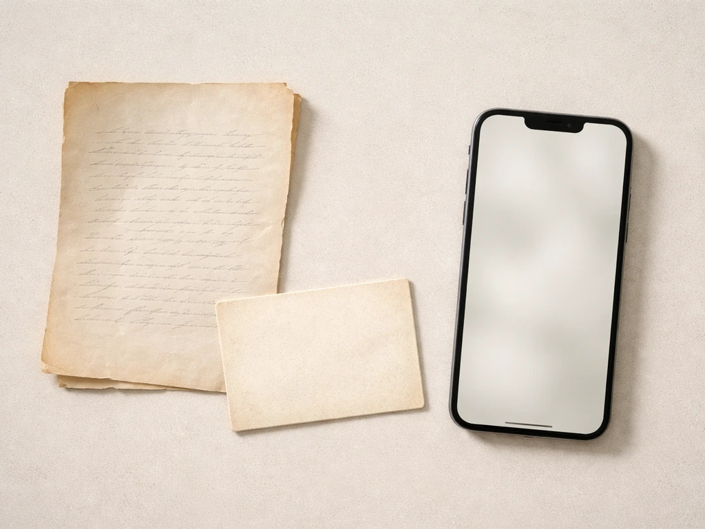 Collage of a worn period novel page, an old letters-style card, and a modern phone screenshot layout