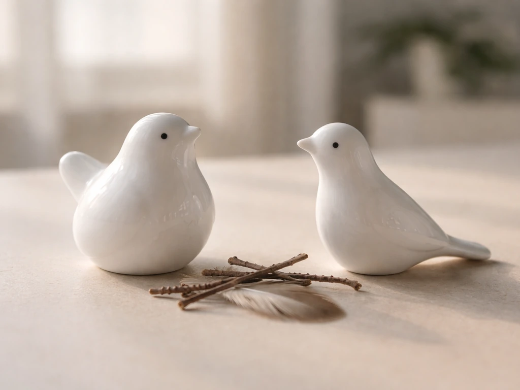 Two small ceramic bird figurines on a neutral tabletop with a feather and twigs, side-by-side.