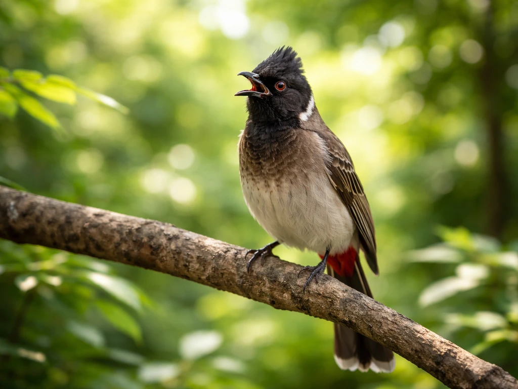 A vivid bulbul perched on a branch in a lush green garden, capturing its alert presence and vibrant colors.