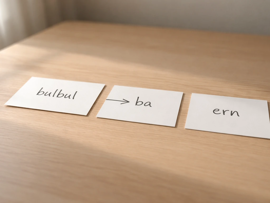 Minimal desk scene with three handwritten bird-spelling cards and one arrow toward the correct “bulbul”